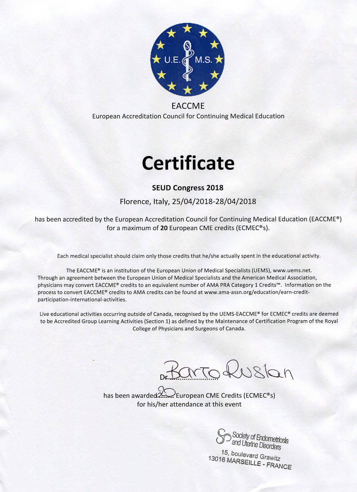 SEUD — Certificate